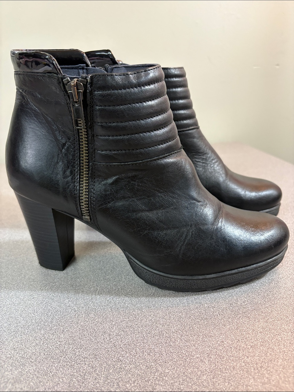 Dorking by Fluchos-Black Quilted Leather Ankle Boots with Side Zips.